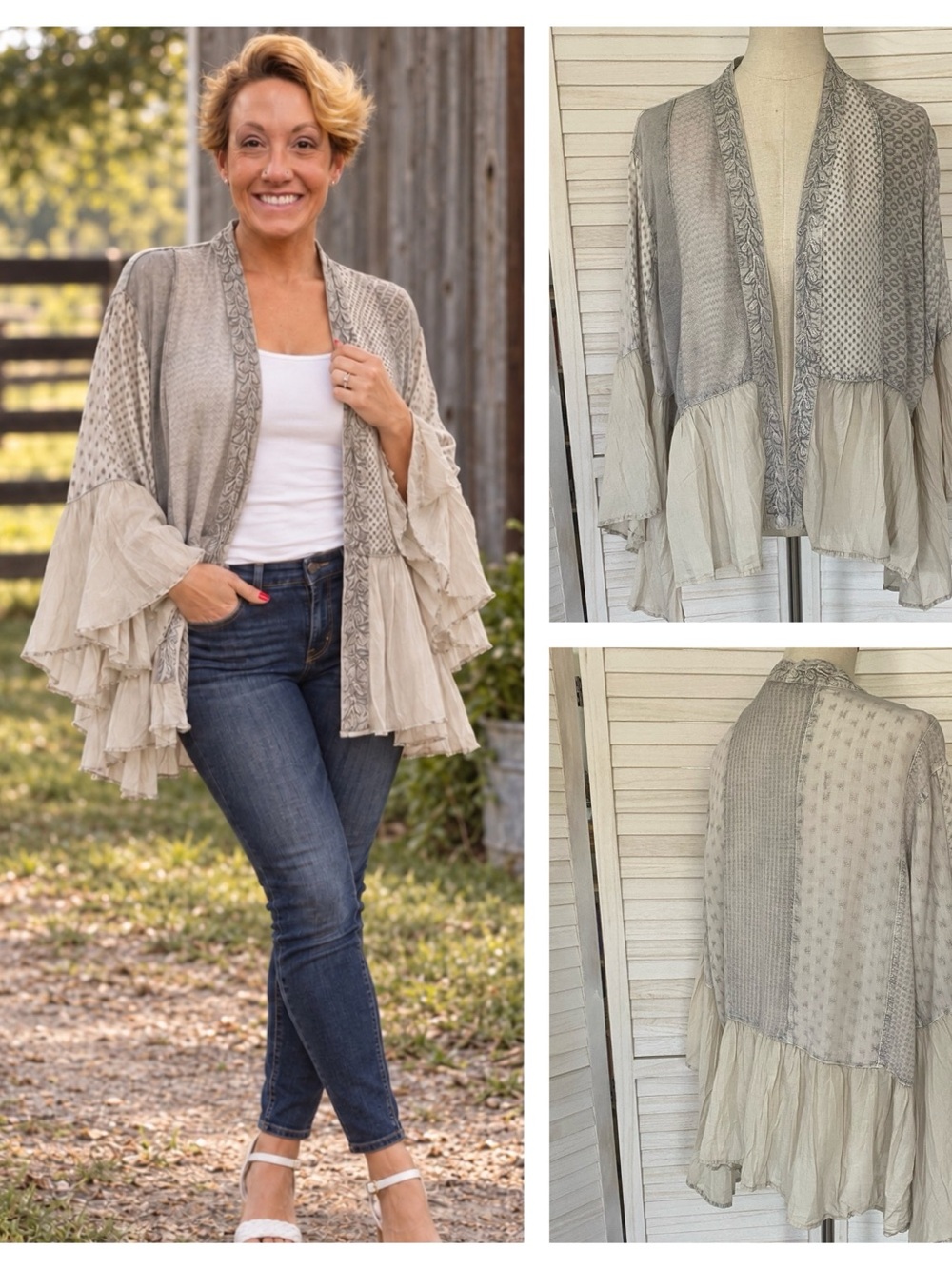 Young Threads Boho  Embroidered Grey Open-Front Ruffle Cardigan SZ XL NWT